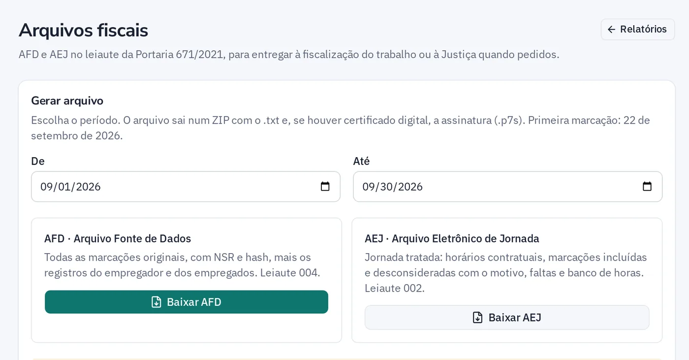 Tela para baixar o AFD e o AEJ da Portaria 671