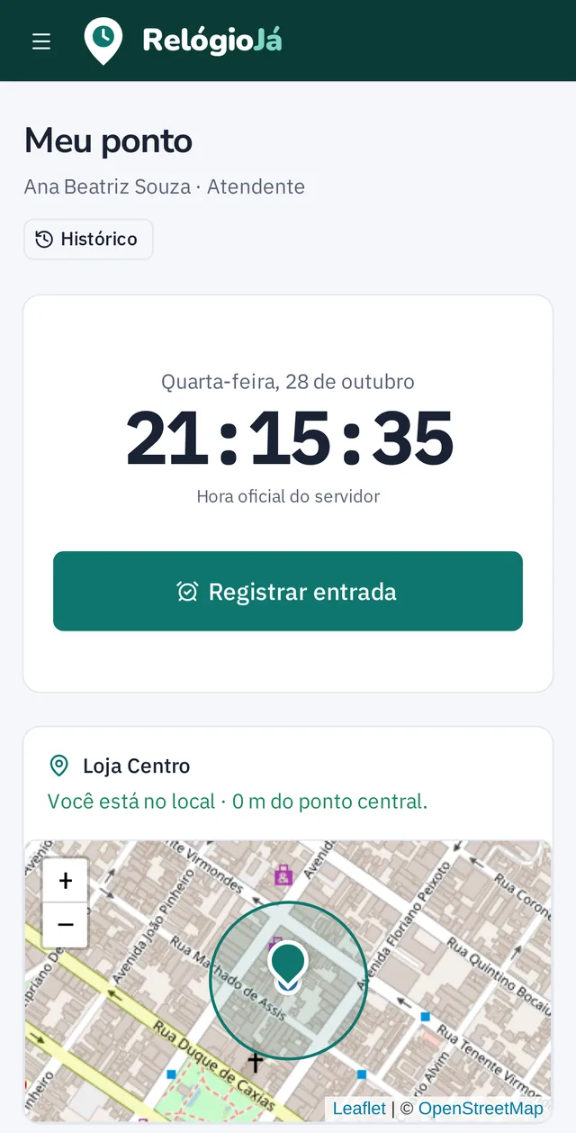 Tela Meu ponto no celular com a hora oficial e a cerca virtual