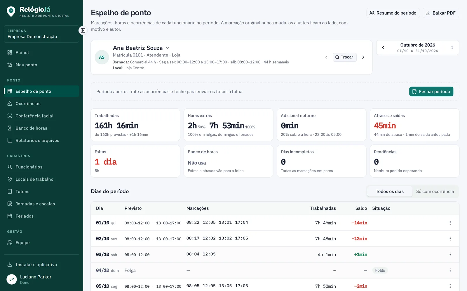 Espelho de ponto com horas trabalhadas, extras, atrasos e faltas do mês