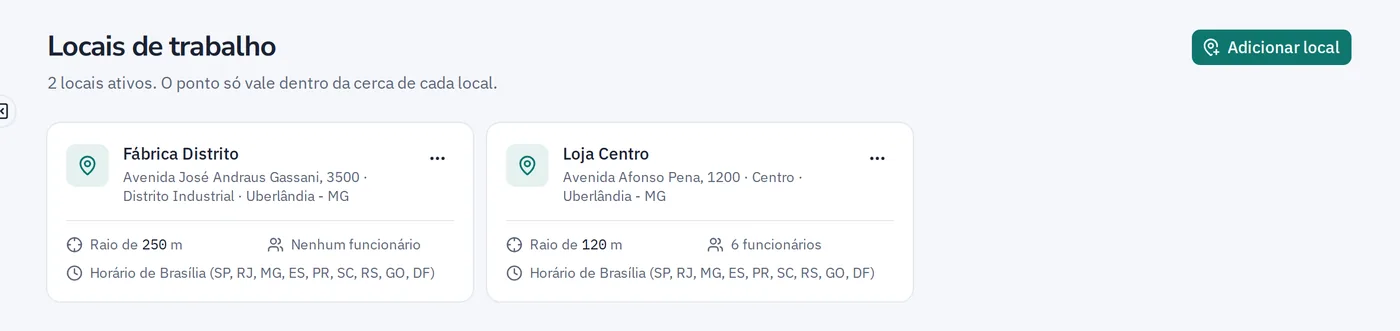 Locais de trabalho com raio da cerca virtual e número de funcionários